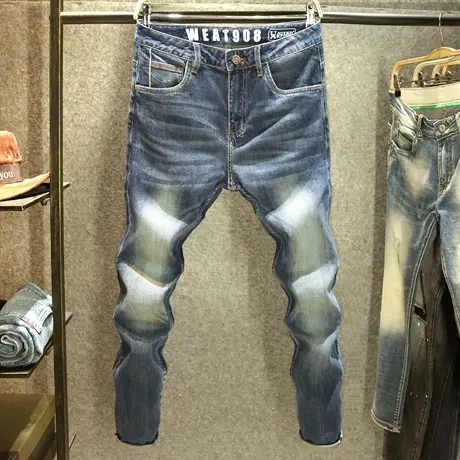 高端赤耳丹宁牛仔裤男款修身小直筒中腰长裤重磅水洗磨白蓝色裤子商品大图