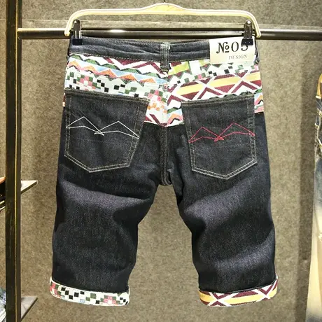 黑色刺绣拼色牛仔五分裤男士潮牌直筒修身短裤男款马裤子夏季薄款商品大图