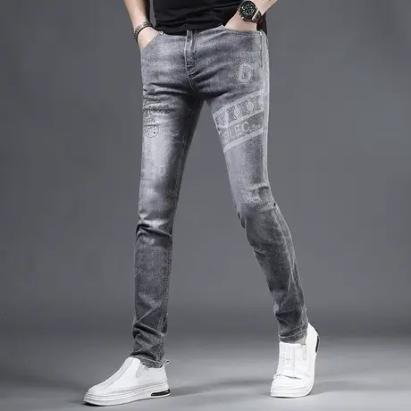 欧货烫钻牛仔裤男款修身小脚2023夏季新款烟灰色潮流印花男士裤子商品大图