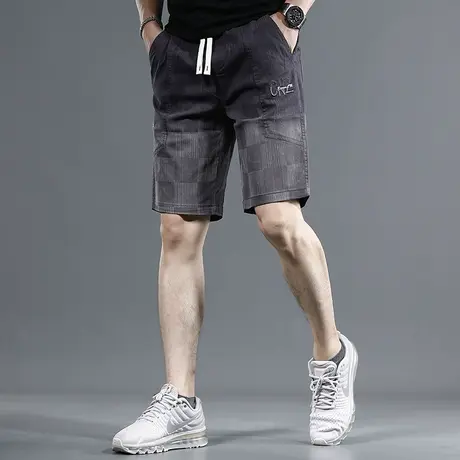 2023夏季新款牛仔短裤男灰色宽松潮牌暗纹格子潮流松紧腰五分裤子商品大图