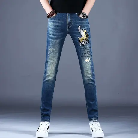 2023男士新款牛仔裤子经典蓝色刺绣修身破洞补丁小脚裤百搭男潮牌图片