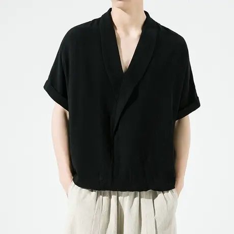 新中式唐装男款亚麻衬衫男短袖汉服元素棉麻T恤暗黑系中国风男装图片