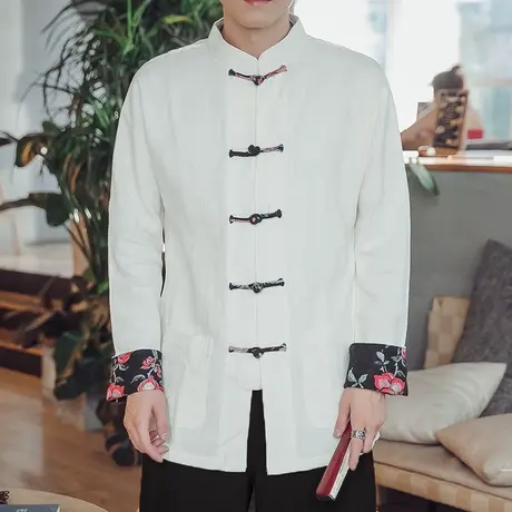 秋中国风唐装外套青年宽松中山装棉麻盘扣男装中式汉服古装禅修服商品大图