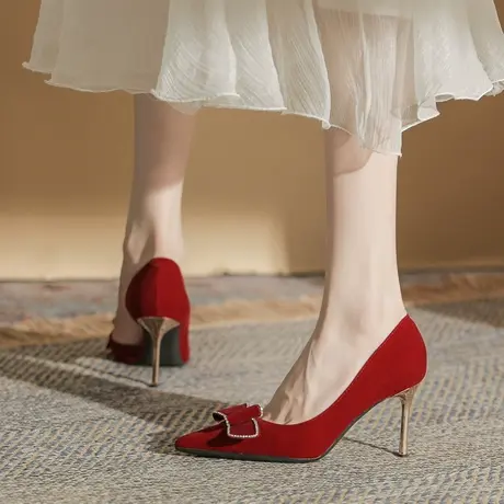 红色蝴蝶结水钻单鞋女2023年春季新款法式少女性感尖头细跟高跟鞋商品大图