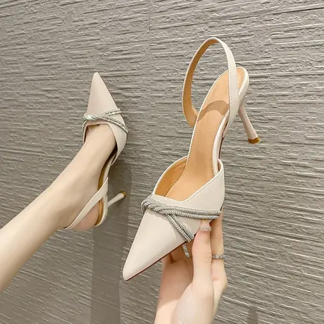 凉鞋女2023年夏季新款法式少女尖头高跟鞋细跟百搭水钻一字带单鞋商品大图