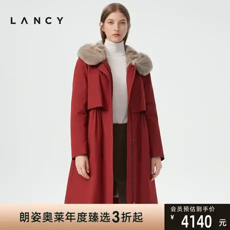 朗姿集团奥莱冬季新款皮草抽绳系带连帽女式皮草外套图片