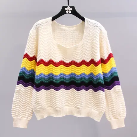 小清新彩虹条纹毛衣女秋冬2023新款宽松设计感洋气减龄针织衫上衣图片
