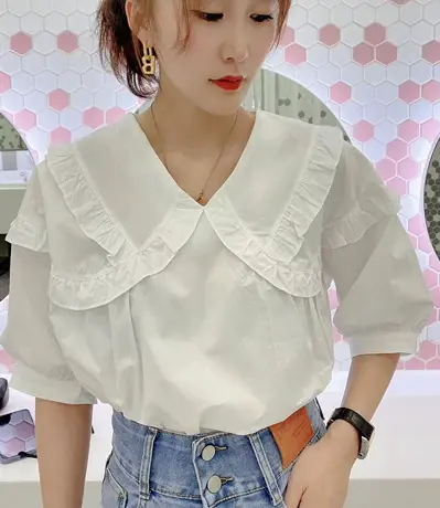 2023夏新款娃娃领衬衫女宽松显瘦百搭减龄时尚气质荷叶边短袖上衣商品大图
