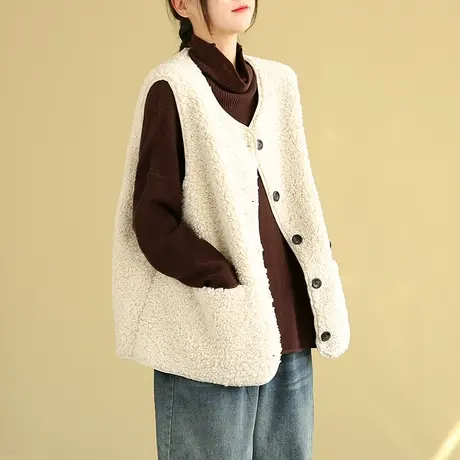 dza 文艺复古仿羊羔绒马甲女外搭羊羔毛背心新款冬季皮毛一体马夹图片