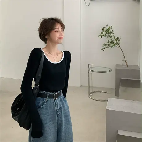 2023秋冬新款薄款长袖T恤女装锁骨内搭洋气打底衫短款甜辣ins上衣商品大图