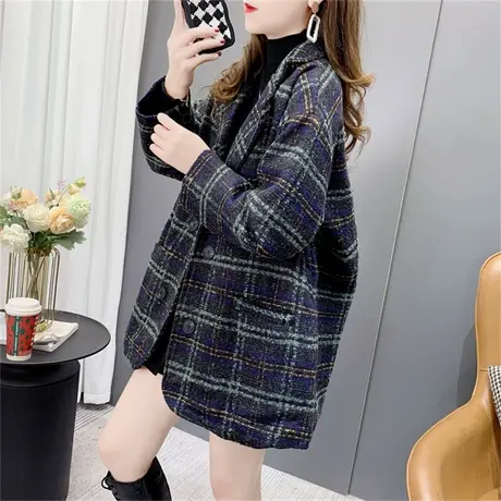 格子呢子大衣女小个子2022秋冬新款宽松加厚西装领夹棉毛呢外套潮图片