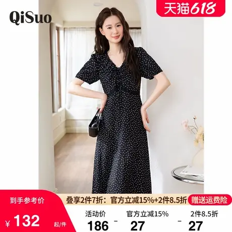 绮娑显瘦胖MM连衣裙2025夏季新款大码女装V领收腰黑色A字裙长款商品大图