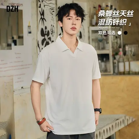 男士桑蚕丝短袖polo衫男夏季白色五分袖t恤宽松上衣2025新款半袖商品大图