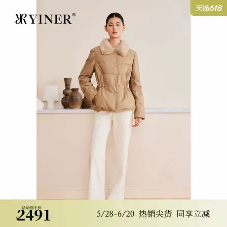 YINER音儿专选2025春季新款法式收腰保暖水貂毛翻领真皮羽绒服商品大图