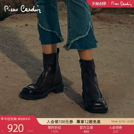 Pierre Cardin/皮尔卡丹女鞋水洗皱感怀旧骑士靴时髦真皮皮靴图片