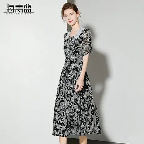 海青蓝 蕾丝印花短袖连衣裙夏女2025新款女装轻熟小众不撞款裙子图片