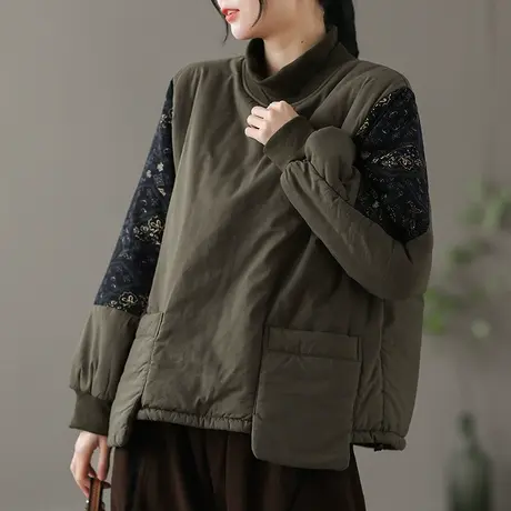 dza 复古拼接高领保暖棉衣棉服外套女士2022冬装新款宽松套头棉袄商品大图