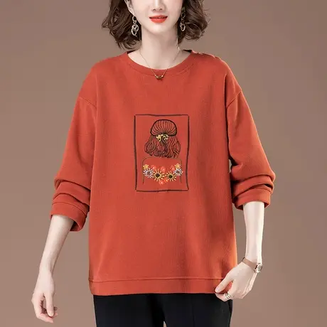 圆领卫衣女春秋新款宽松加肥加大码女装中年妈妈减龄百搭显瘦上衣图片