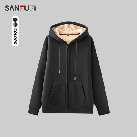 三福2023冬季新款男士保暖羊羔毛纯色加厚夹克宽松连帽保暖外套男商品大图