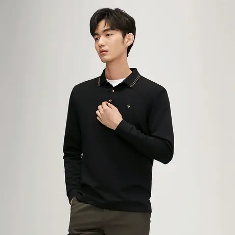 【含羊毛】柒牌男装长袖Polo衫新款时尚休闲舒适保暖翻领上衣商品大图