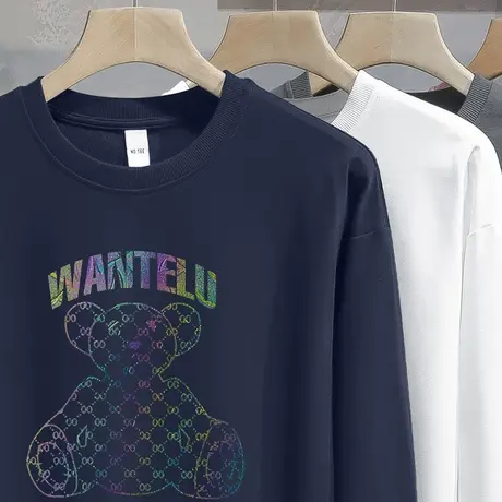 2023新款小熊卫衣男潮ins春秋款无帽上衣加绒圆领长袖t恤潮流百搭商品大图