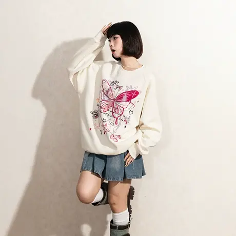 YEP复古蝴蝶印花卫衣女春秋2025新款圆领插肩袖宽松打底上衣加绒商品大图