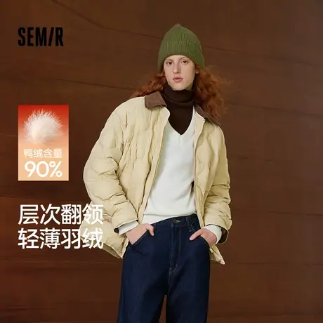 森马羽绒服女中长款轻薄肌理宽松2025新款撞色灯芯绒翻领冬装复古商品大图