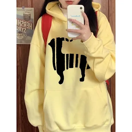 2023新款黄色薄款连帽卫衣女秋装百搭宽松韩版复古chic港味上衣潮商品大图