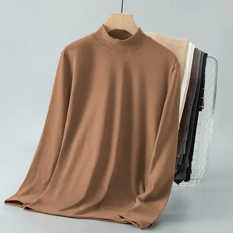 半高领打底衫德绒长袖t恤男2023新款秋冬保暖双面绒体恤中领秋衣商品大图