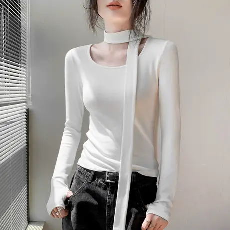 歌倍尚飘带方领指套袖T恤女2025春季新款修身显瘦内搭打底衫上衣图片