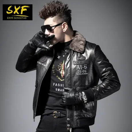 SXF圣希梵海宁皮衣男真皮 羊羔毛领加棉皮夹克刺绣修身潮男士外套商品大图