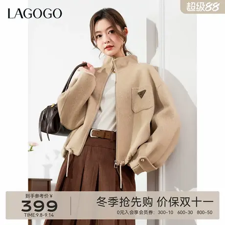 LAGOGO降落伞短款双面呢外套女拉谷谷2025年冬季新款立领宽松大衣商品大图