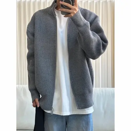 灰色cleanfit开衫毛衣外套男春秋慵懒风高级感针织衫美式立领夹克商品大图