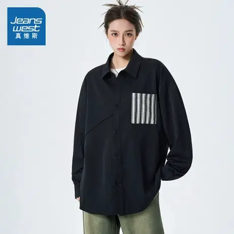 LE真维斯男女同款长袖衬衫 2025秋季新品 设计感前袋宽松衬衣男商品大图