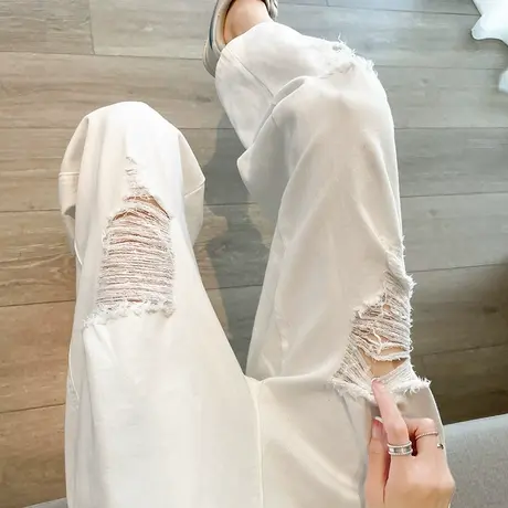 白色破洞牛仔裤女2023年春秋新款高腰宽松显瘦ins九分哈伦老爹裤图片