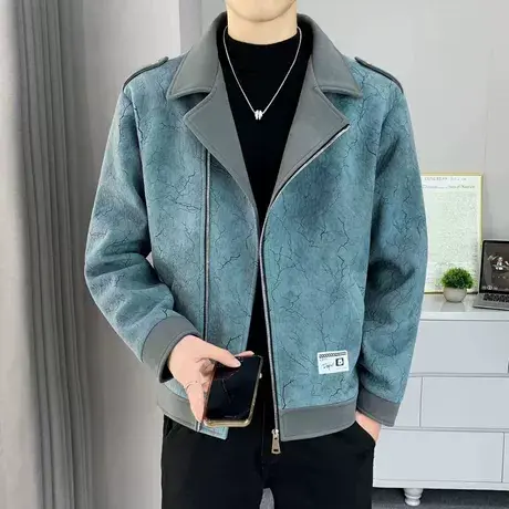 潮牌痞帅气斜拉链短款夹克男士春秋季高级感潮流男装拼色风衣外套商品大图
