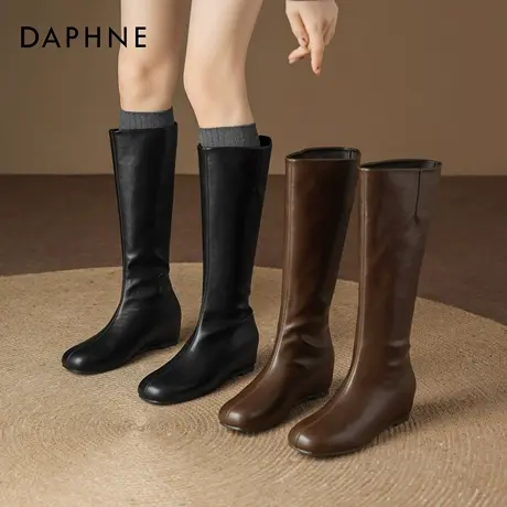 达芙妮棕色长筒靴女秋冬2025新款不过膝大筒围长靴加绒游牧骑士靴商品大图