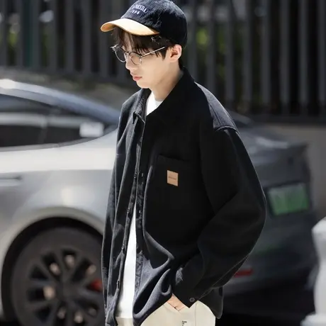 唐狮秋冬新款男长袖衬衫翻领口袋小标灯芯绒初秋外套通勤休闲TMTA图片