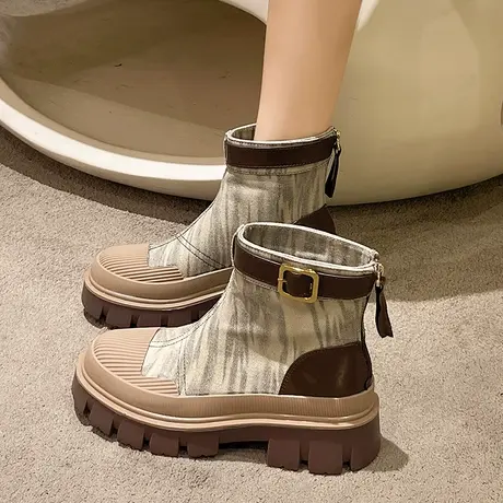 厚底贝壳头帆布马丁靴女2023年新款秋季百搭爆款后拉链短靴女靴子商品大图