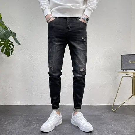牛仔裤九分新款男四季休闲潮流黑色修身小脚破洞补丁复古百搭长裤图片