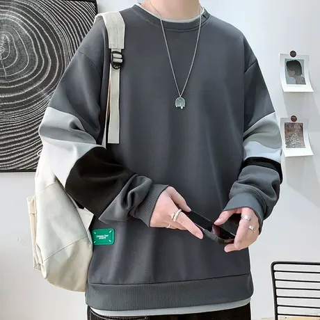 假两件圆领卫衣男春秋季潮牌宽松青少年长袖t恤初中高中学生上衣商品大图