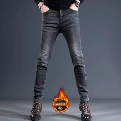 加绒加厚牛仔裤男冬季2023新款修身小脚灰色弹力百搭男士裤子秋冬商品大图