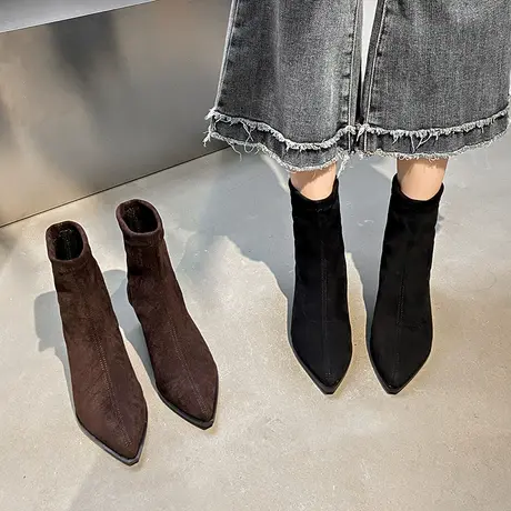 靴子女2023秋天新款绒面时尚百搭复古瘦瘦靴尖头细跟大码马丁短靴商品大图