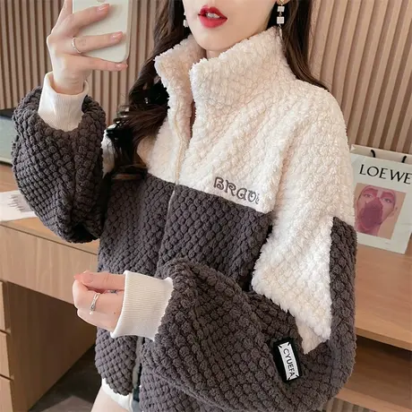 半高领外套女秋冬季韩版宽松加绒加厚大码撞色保暖羊羔毛开衫卫衣商品大图