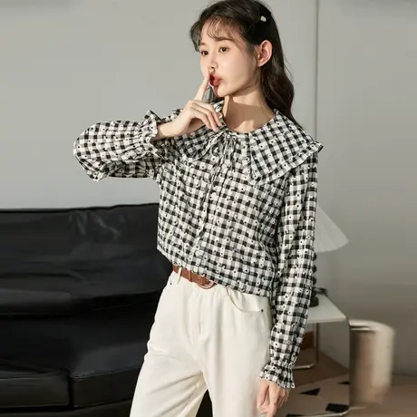 唐狮黑白格长袖衬衫女士春秋娃娃领花边设计感甜衬衫衣服别致法式图片