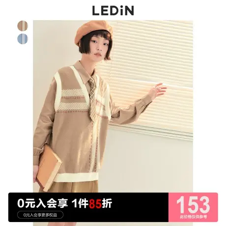 乐町设计感拼接衬衫休闲冬季新款甜美针织拼接上衣女宽松洋气图片