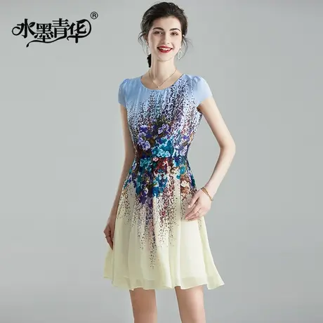 水墨青华夏装新品时尚简约修身A字裙优雅短袖雪纺印花连衣裙商品大图