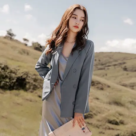 桔熊秋季通勤休闲口袋不易皱合身收腰垫肩西服外套女装大码EA3354图片