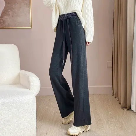 黑色毛呢阔腿裤女秋冬季2023新款垂感窄版直筒休闲加厚针织女裤子图片