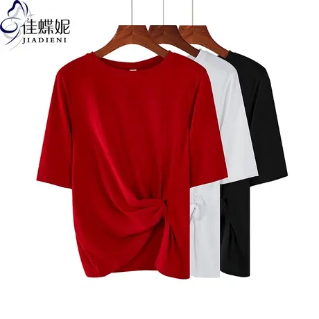 早秋新款圆领纯棉韩版宽松小心机扭结纯色中袖体恤上衣打底衫女装图片